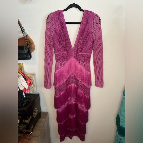 NWT PATBO fuchsia fringe crochet long sleeve dress Cerise pink small | 4 - Picture 5 of 14